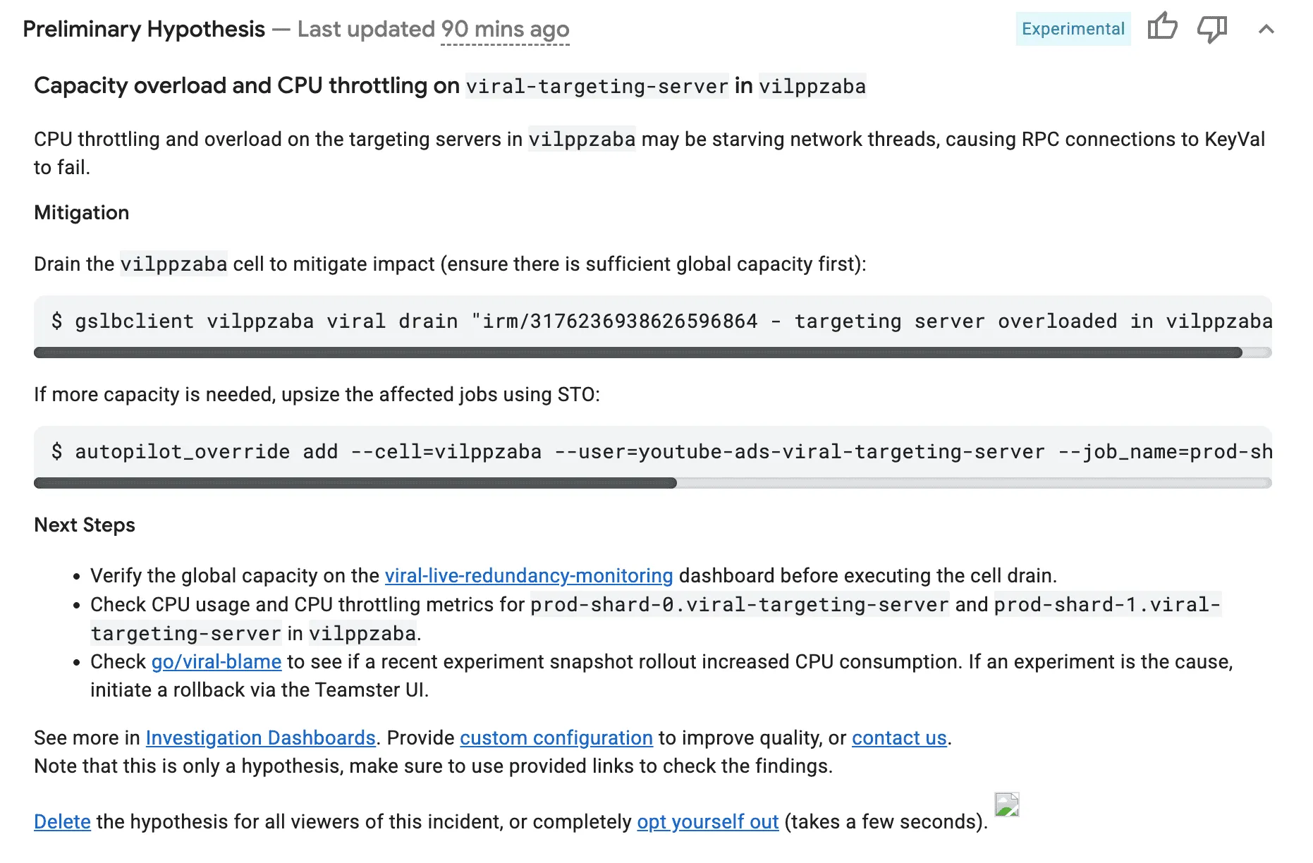 Figure 4: Incident hypothesis in Google's incident management platform